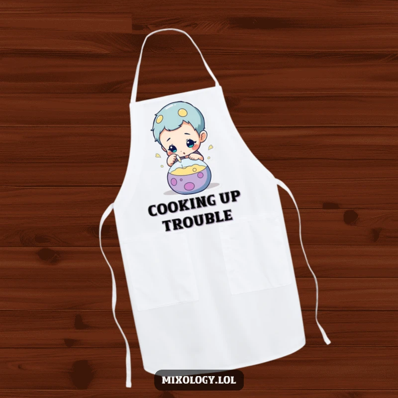 Funny apron depicting a curious character with a determined look while inspecting a fizzy, bubbling concoction, ready for kitchen chaos.
