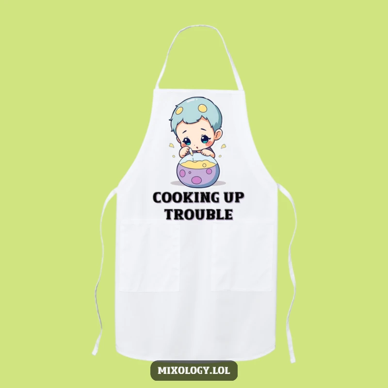 Funny Mad Scientist Apron: Curious character inspecting concoction, kitchen experiment gift.