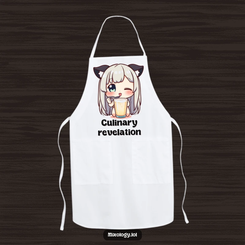 Funny apron showing a character's eyes widening in delight tasting a drink with a tiny spoon, a culinary funny gift.