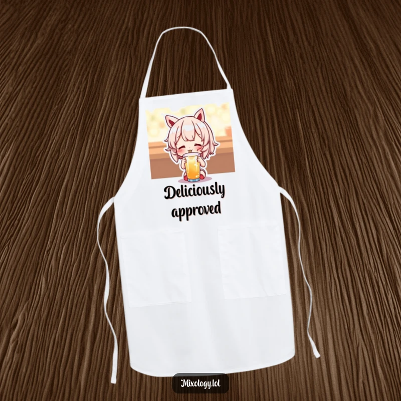 Funny apron featuring a cute character tasting a drink with an expression of utter delight, adding kitchen charm.