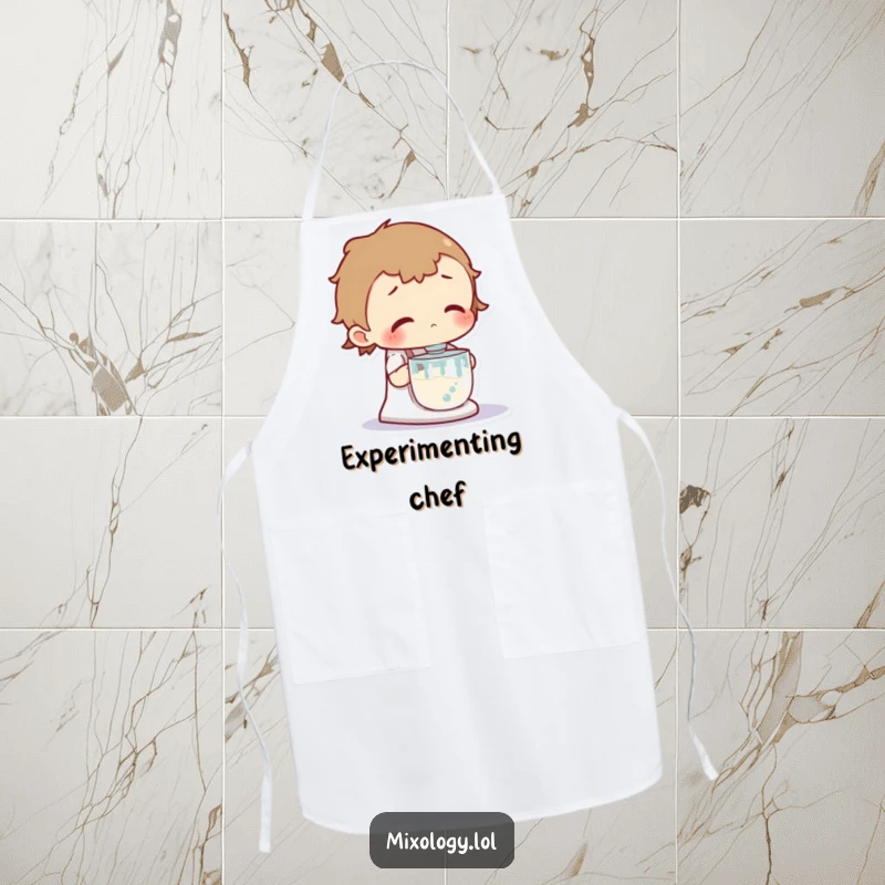 Funny apron showing a curious character intently watching a vigorously bubbling mixer, perfect for kitchen experiments and humor.