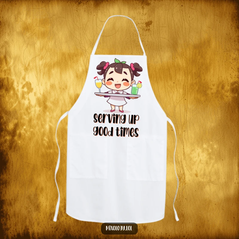 Funny character apron, balancing a tray of drinks with a grin, adding humorous flair to kitchen attire for hosts.