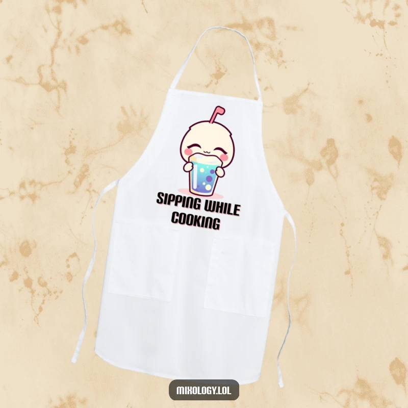 Funny Apron featuring a bubbly icon eyes closed, blissfully sipping a colorful drink, bringing joy to kitchen tasks.