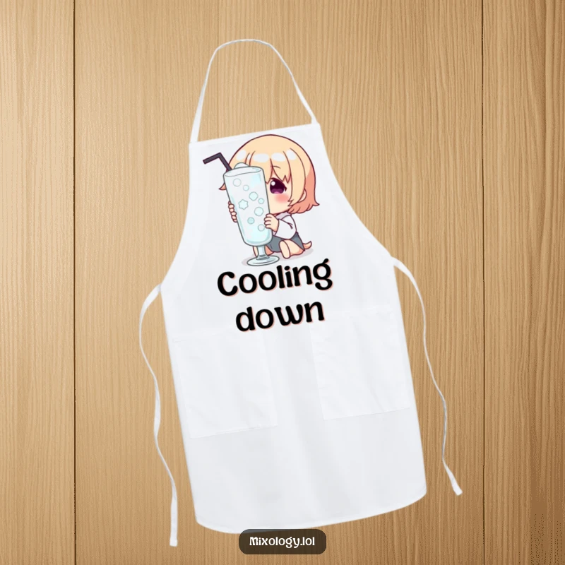 Funny Apron with a character admiring a frosty, condensation-covered glass, perfect for kitchen or bar use.