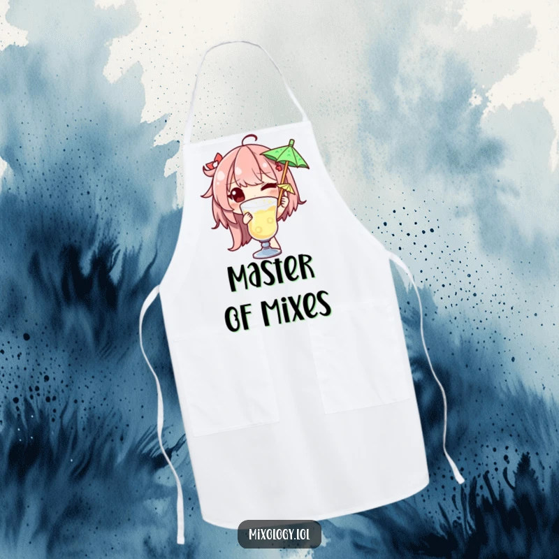 Funny apron showing a winking character garnishing a drink with a tiny umbrella, ready for a fun-filled party or gathering.