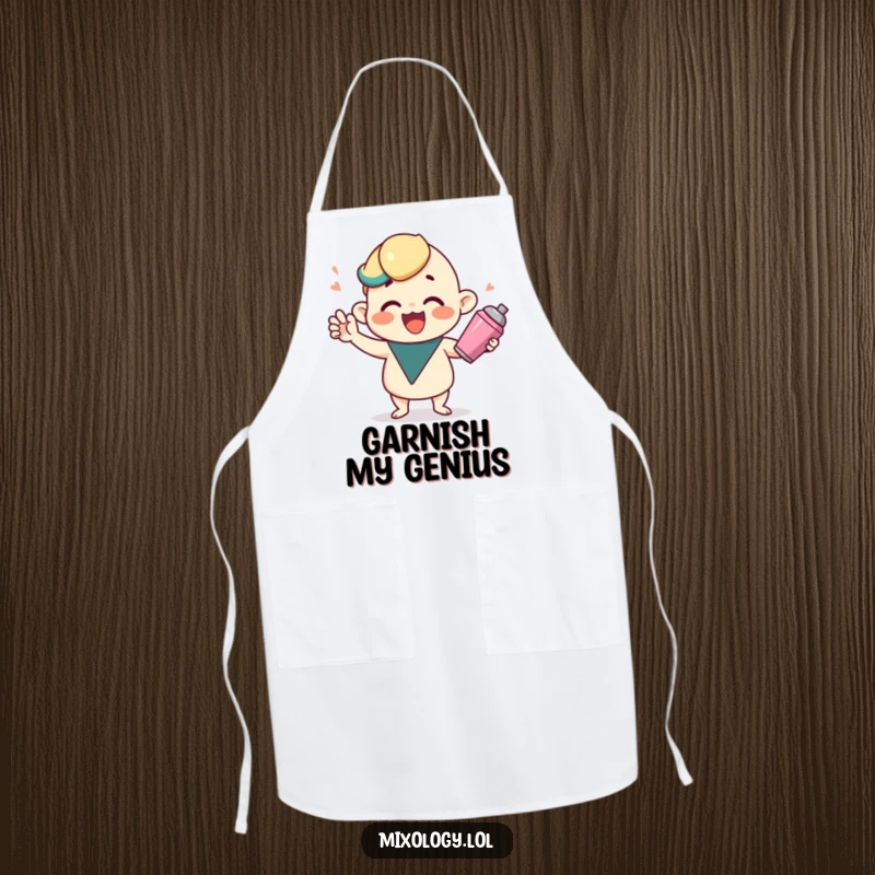 Funny apron featuring a cute character shaking a cocktail shaker, adding kitchen humor and festive cheer.