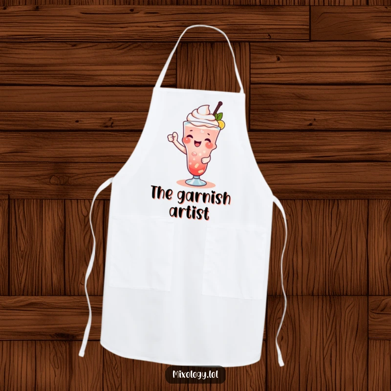 Funny apron with a character playfully garnishing a drink, ideal for kitchen flair and fun.