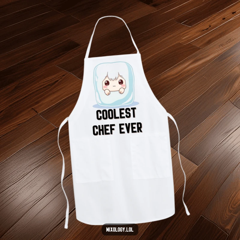 Funny apron depicting a character playfully hiding behind a giant ice cube, peeking out with wide, mischievous eyes, ideal for kitchen humor.