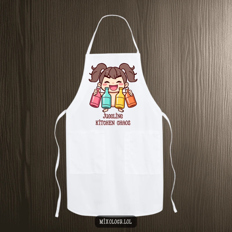Funny apron with a mischievous character juggling bottles, perfect for kitchens, BBQs, and culinary experiments with flair.