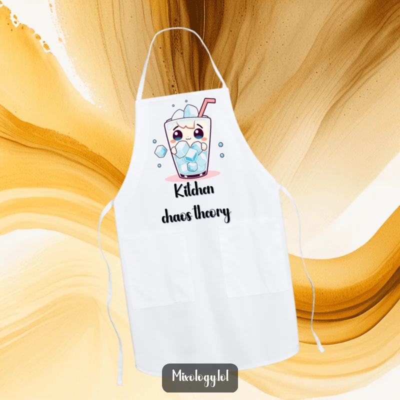 Funny Apron: Surprised character watching ice cubes dance in a drink, ideal for kitchen fun.