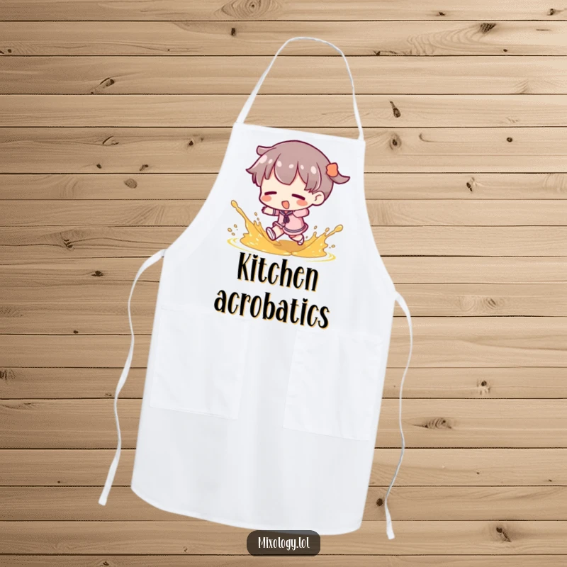 Funny Apron: Character in a funny stumble, garnish flying, perfect for kitchen fun and protection, a practical and funny gift.