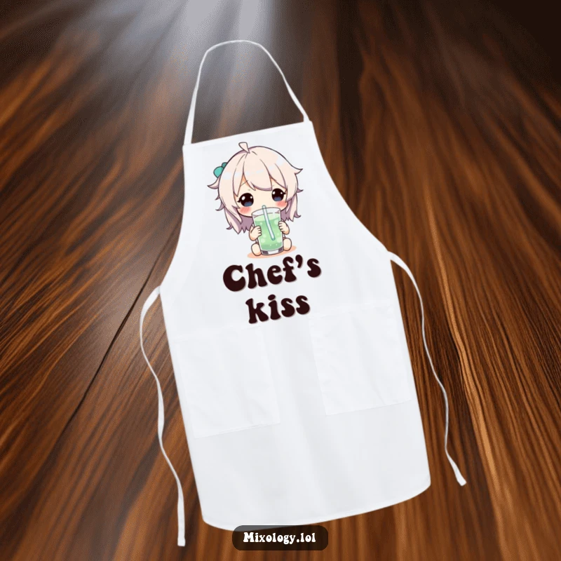 Funny Apron with a character enjoying a beverage through a long, curly whimsical straw, perfect for kitchen or BBQ use.