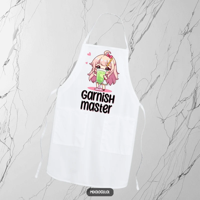 Funny Apron: Durable kitchen wear showing a character with flair presenting a fancy drink, ideal for adding humor to cooking and bartending.