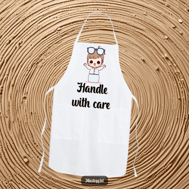 Funny Apron with a character carefully balancing a tall stack of various glasses, designed for kitchen or party use.