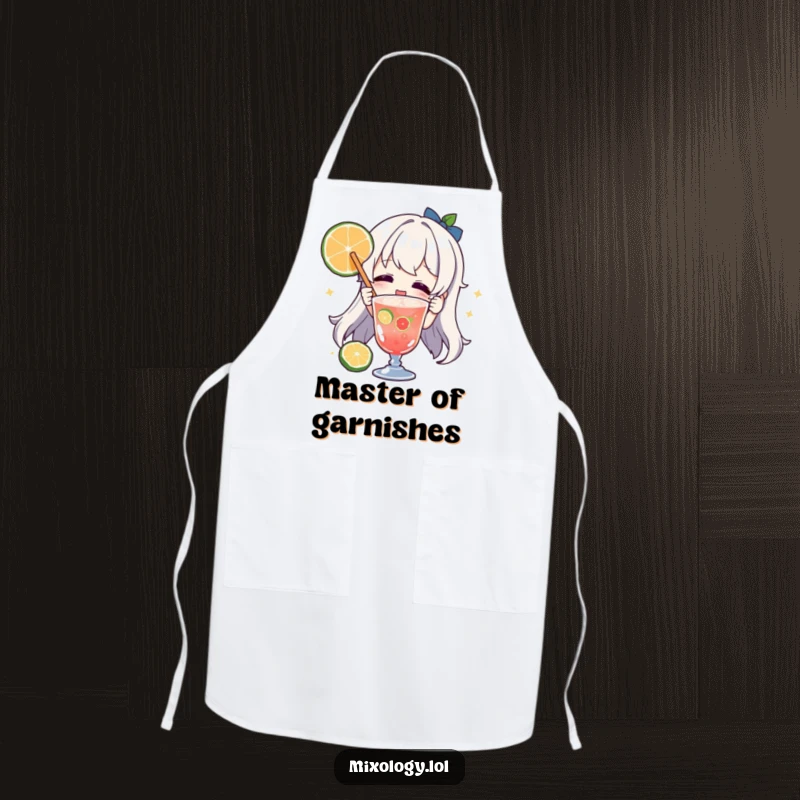Funny character apron, joyfully garnishing a drink with a fruit slice, adding humorous flair to kitchen attire.