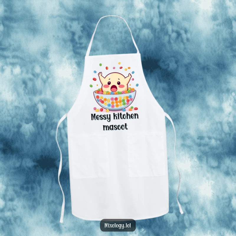Funny apron featuring a surprised blob mascot falling headfirst into a large bowl of colorful cereal, perfect for kitchen fun.