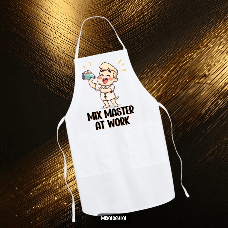 Funny Apron: Person vigorously shaking a cocktail mixer, ready to prepare drinks with a smile.