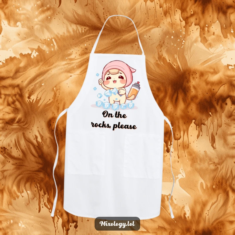 Funny Apron: A character comically attempts to catch falling ice cubes with a shaker, perfect for a humorous cook.