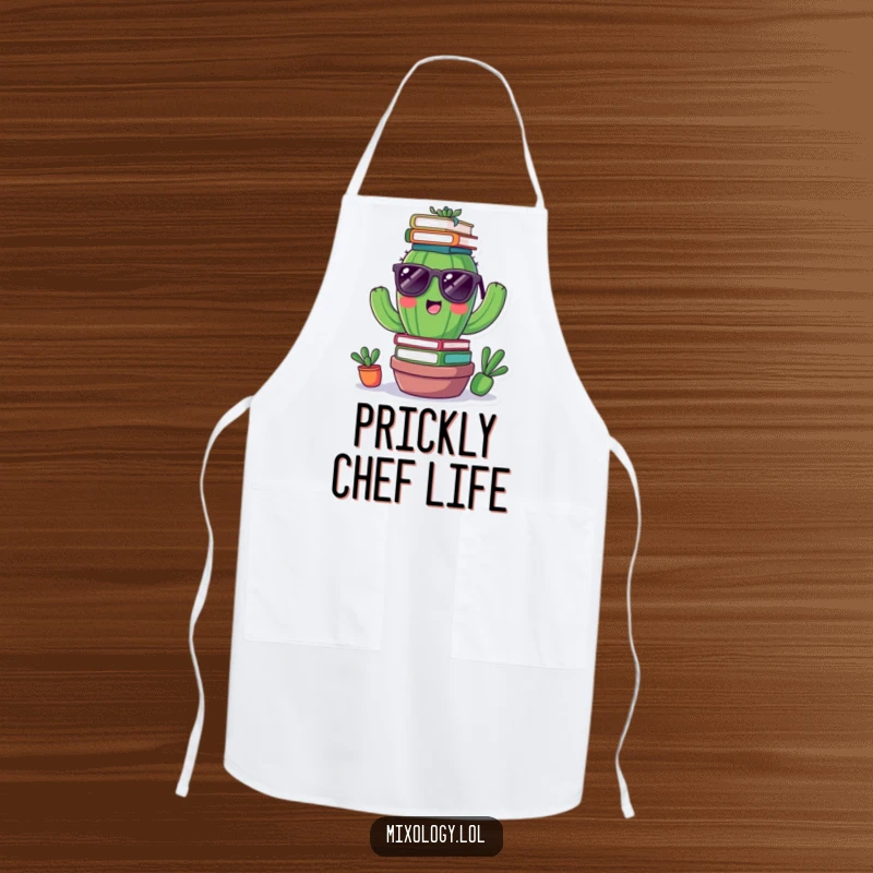 Funny apron featuring a cheerful cactus wearing tiny sunglasses, balancing books on its head, perfect for kitchen fun.