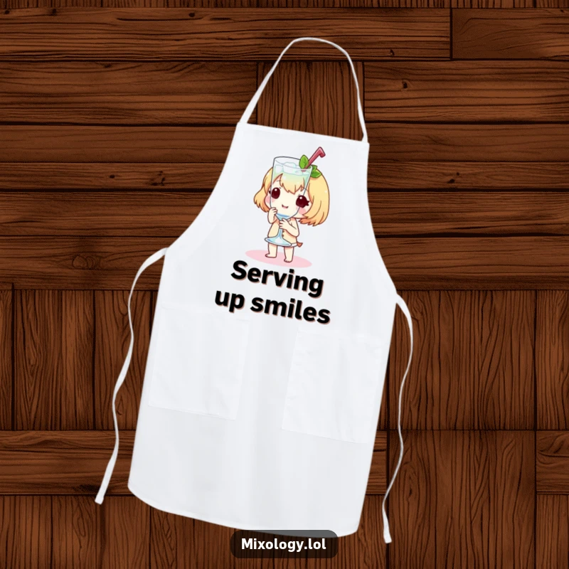 Funny Apron with a sweet little character presenting a chilled glass with a flourish, ideal for serving guests.