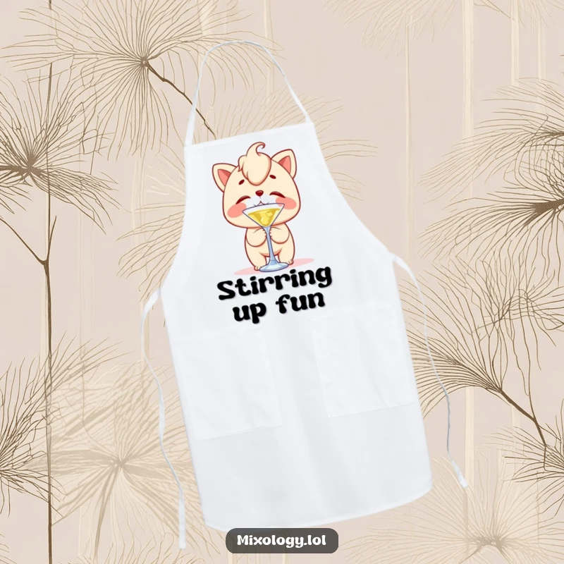 Funny apron showing a character with clumsy delight, balancing a cocktail stirrer on their nose, perfect for bar humor.