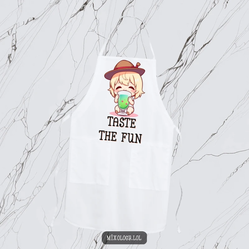Funny Apron with a charming figure in a tiny hat, smiling while tasting a colorful drink, ideal for kitchen fun.