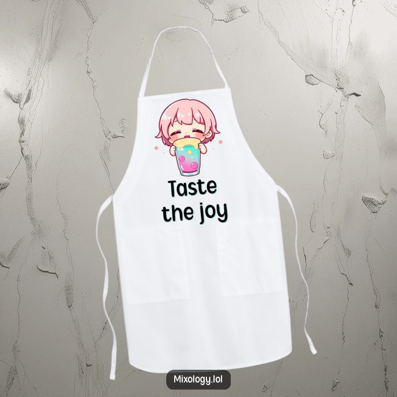 Funny apron showing a small character joyfully sipping a colorful drink with eyes closed, perfect for happy cooking and baking.
