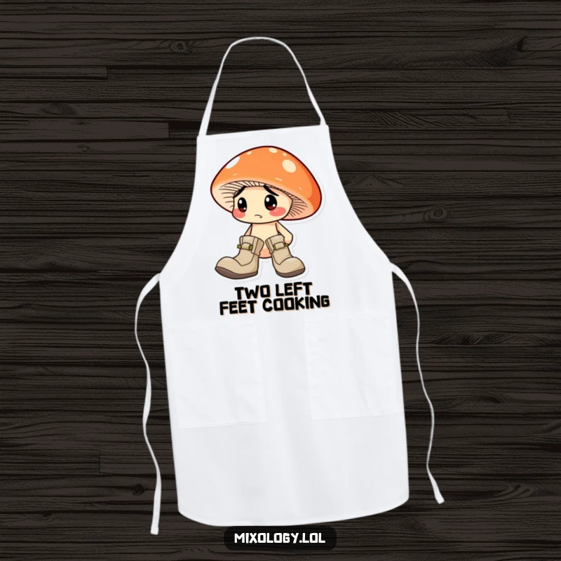 Funny Mushroom Apron: A confused mushroom character accidentally wearing two different boots while cooking, adding humor.