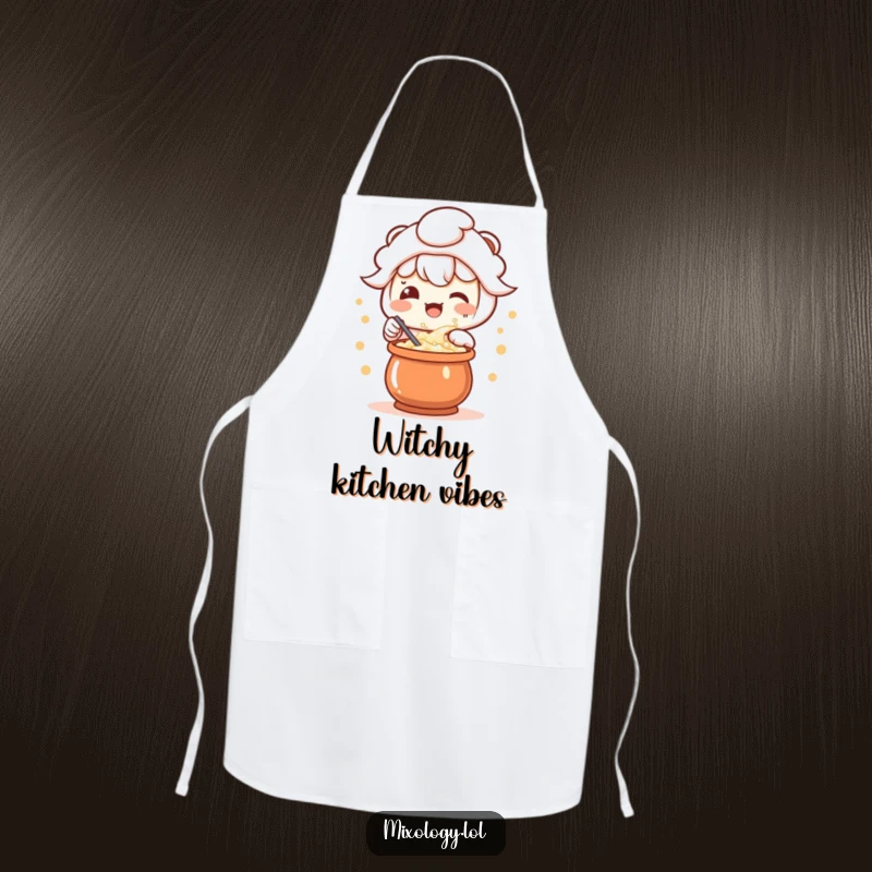Funny apron with a delighted kawaii character stirring a colorful, bubbling potion, ideal for kitchen magic.