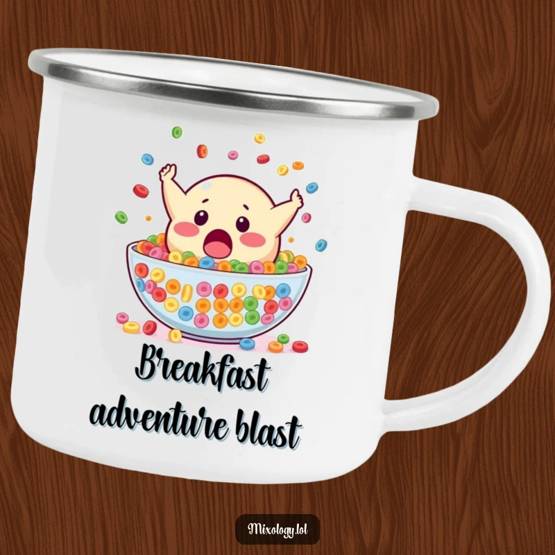 Funny camping mug featuring a surprised blob mascot falling headfirst into a large bowl of colorful cereal, perfect for outdoor fun.