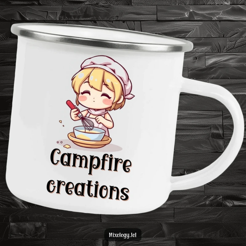 Funny camping mug with a character mixing ingredients with a small whisk, perfect for outdoor brews and kitchen spirit.