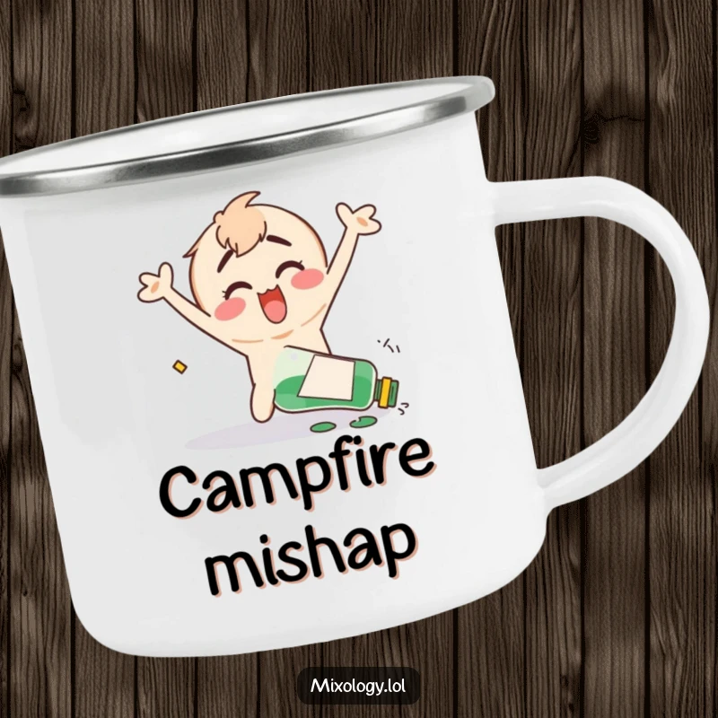 Funny camping mug showing a clumsy character happily flailing their arms after knocking over a bottle, perfect for outdoor humor.