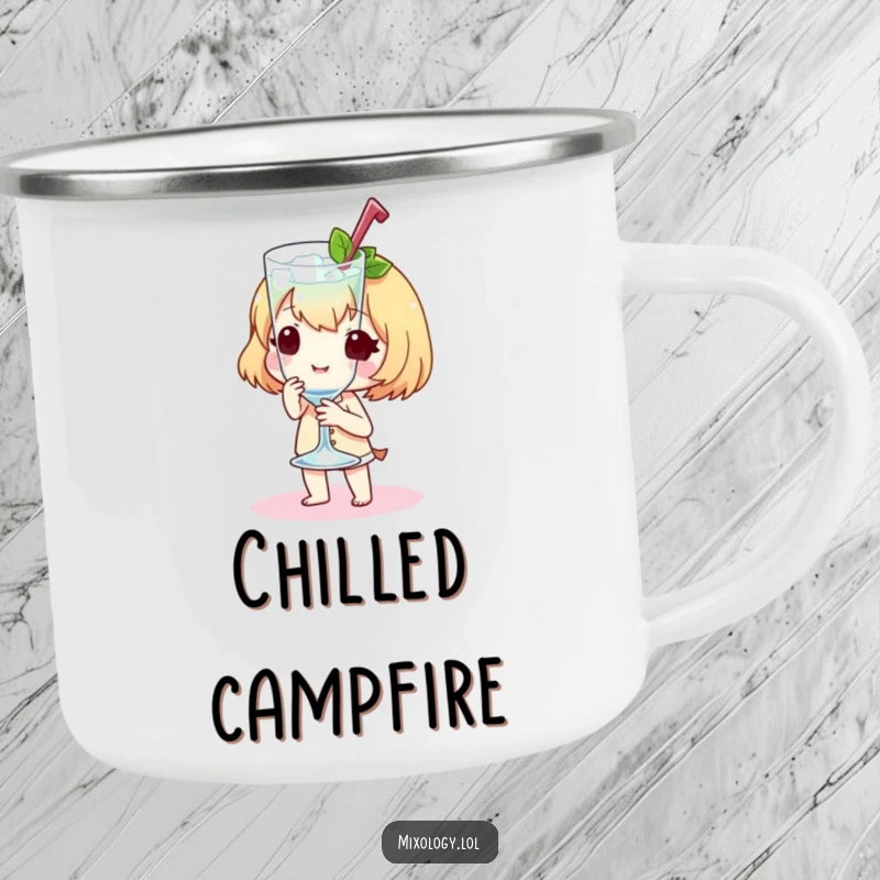 Funny Camping Mug with a sweet little character presenting a chilled glass with a flourish, for outdoor enjoyment.
