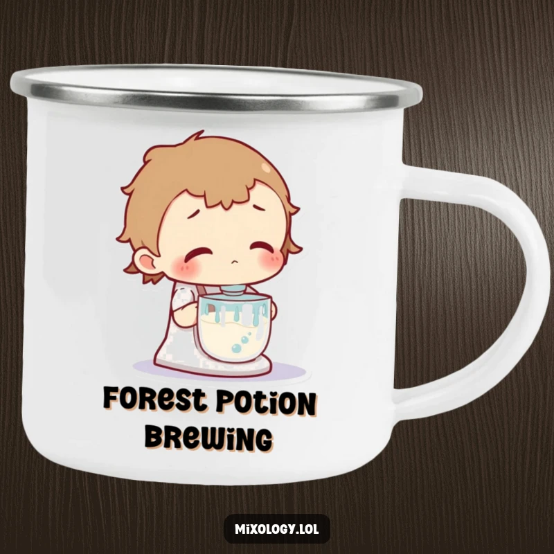 Funny camping mug showing a curious character intently watching a vigorously bubbling mixer, perfect for outdoor scientific observation.