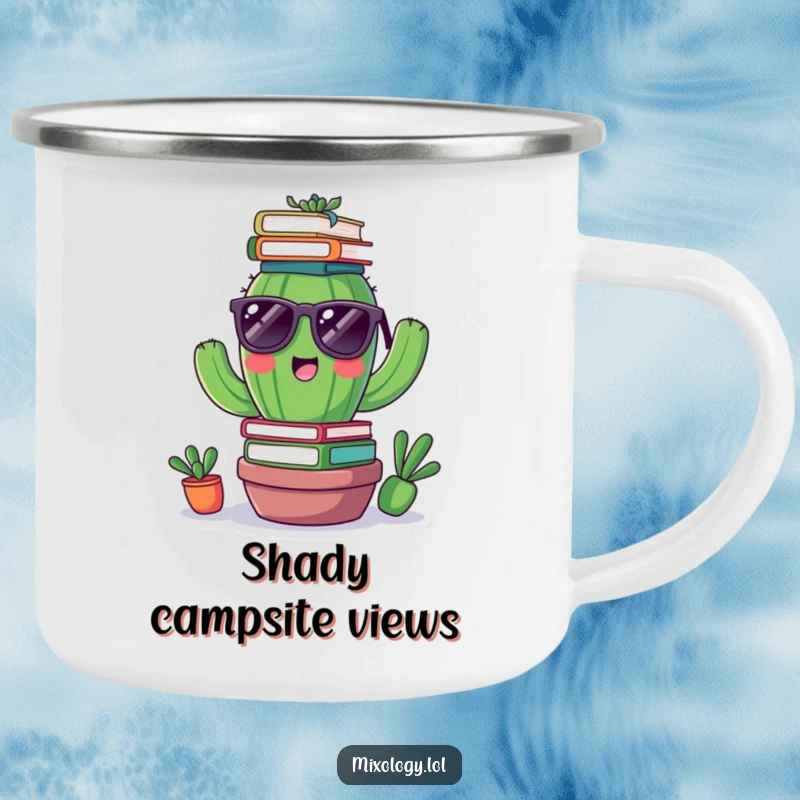 Funny camping mug featuring a cheerful cactus wearing tiny sunglasses, balancing books on its head, perfect for outdoor fun.