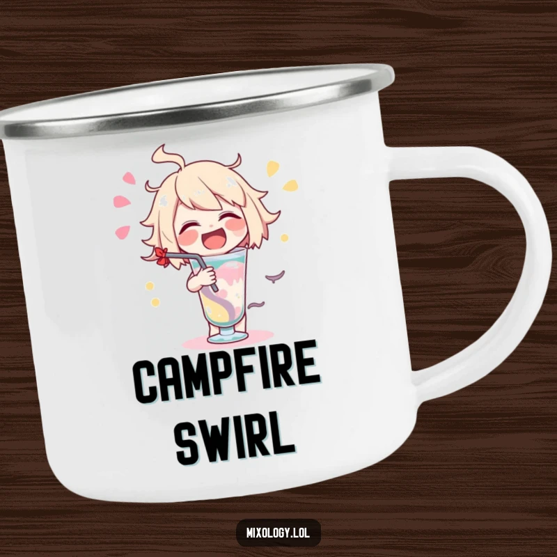 Funny delighted character camping mug showing a character swirling a drink with joy.