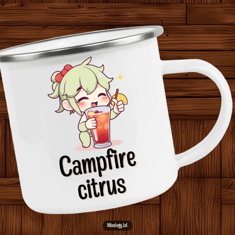 Funny camping mug with an enthusiastic character adding a citrus twist to a drink, perfect for enjoying outdoors.