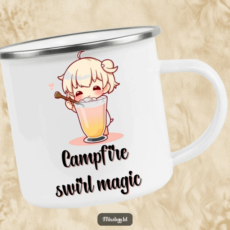 Funny character elegantly twirling a drink with a long stirrer, perfect for outdoor enthusiasts on a camping mug.