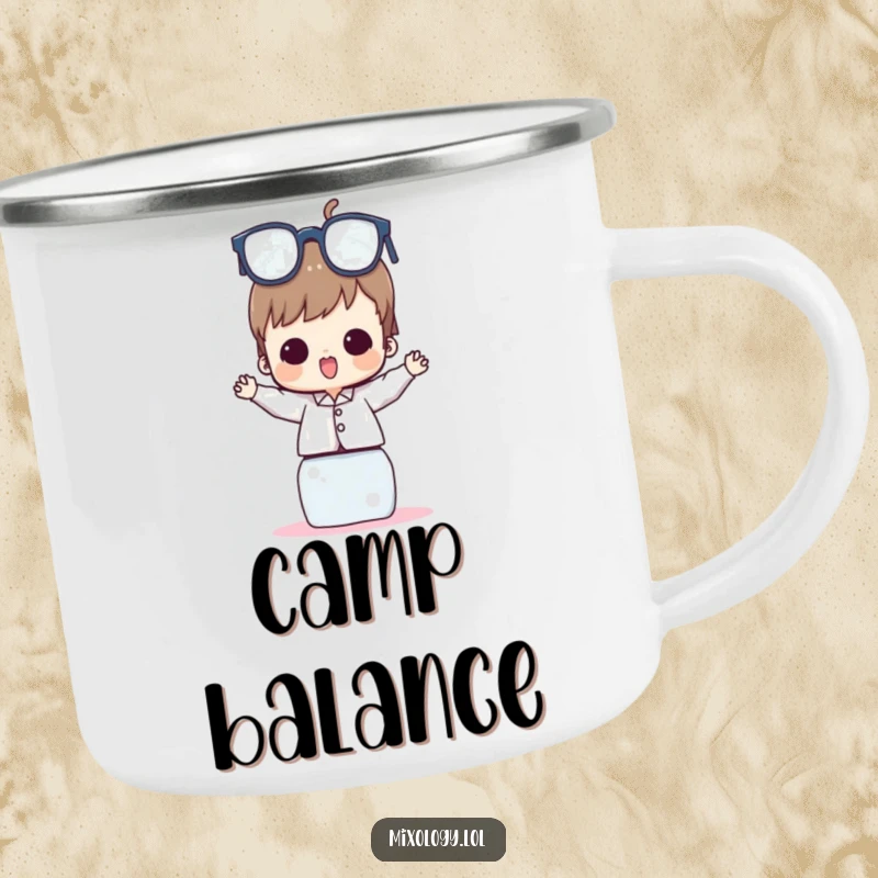 Funny Camping Mug featuring a character balancing a tower of glasses, designed for rugged use and good times.