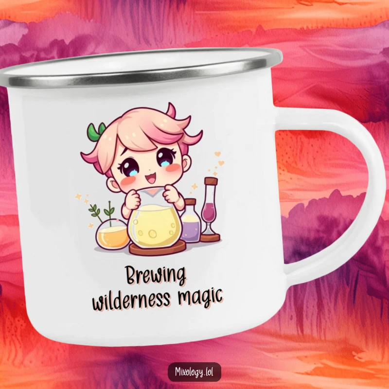 Funny character delighted by magical ingredients combining in a beaker on a rugged enamel camping mug.