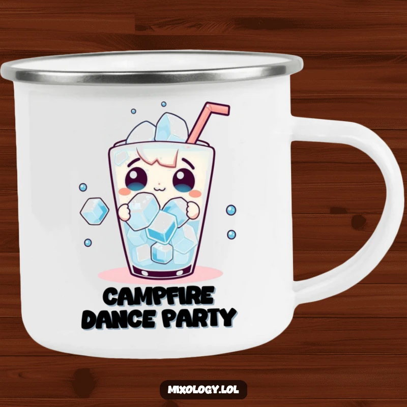Funny Camping Mug: Surprised character observes dancing ice cubes in a drink, designed for outdoor enjoyment.