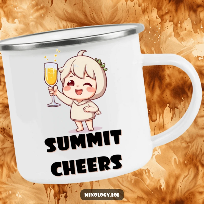Funny Camping Mug: Joyful character toasting with a sparkling drink, designed for outdoor celebrations.