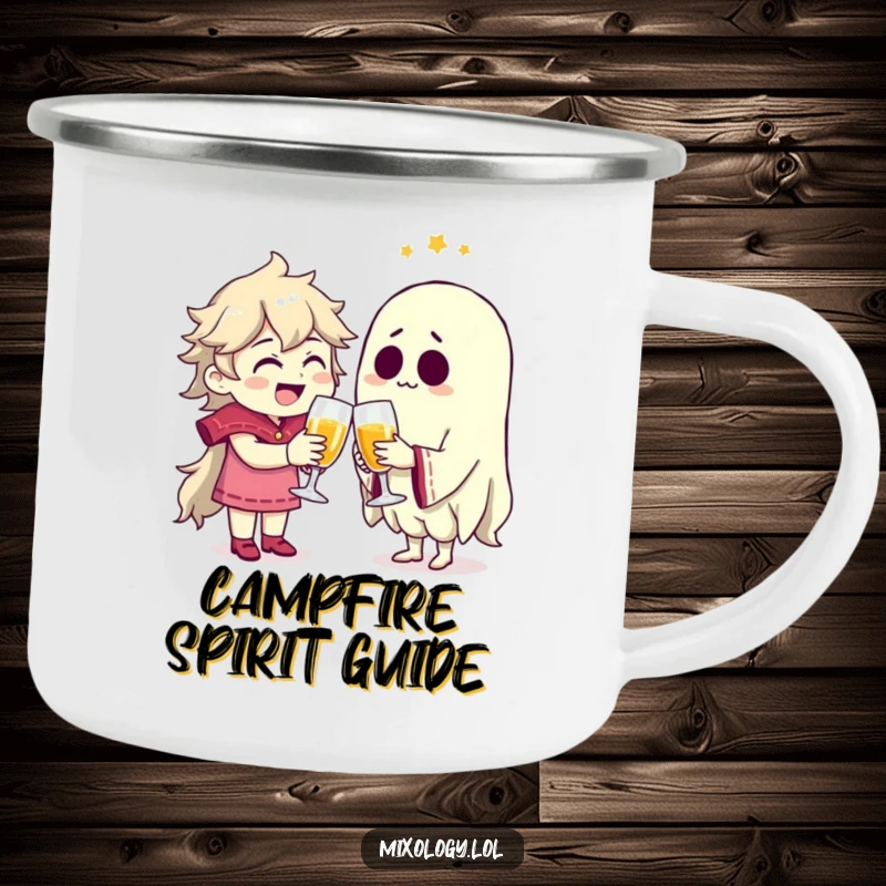 Funny character joyfully clinking glasses with a spectral friend on a rugged enamel camping mug.