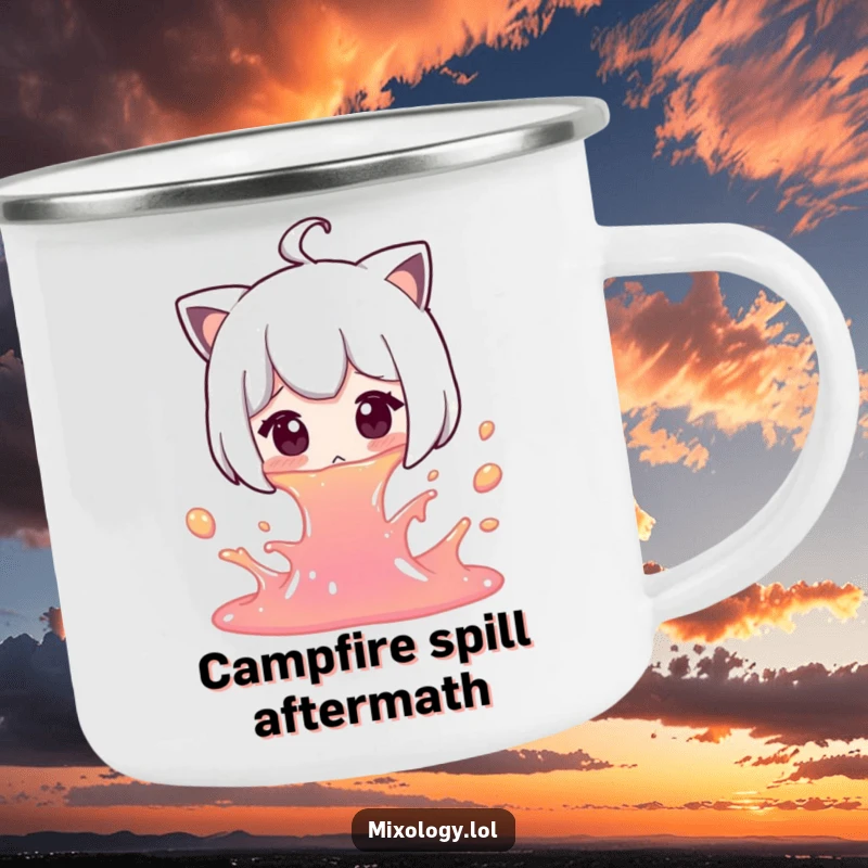Funny Spill Camping Mug: A character gasps in surprise while spilling colorful liquid, perfect for outdoor fun.
