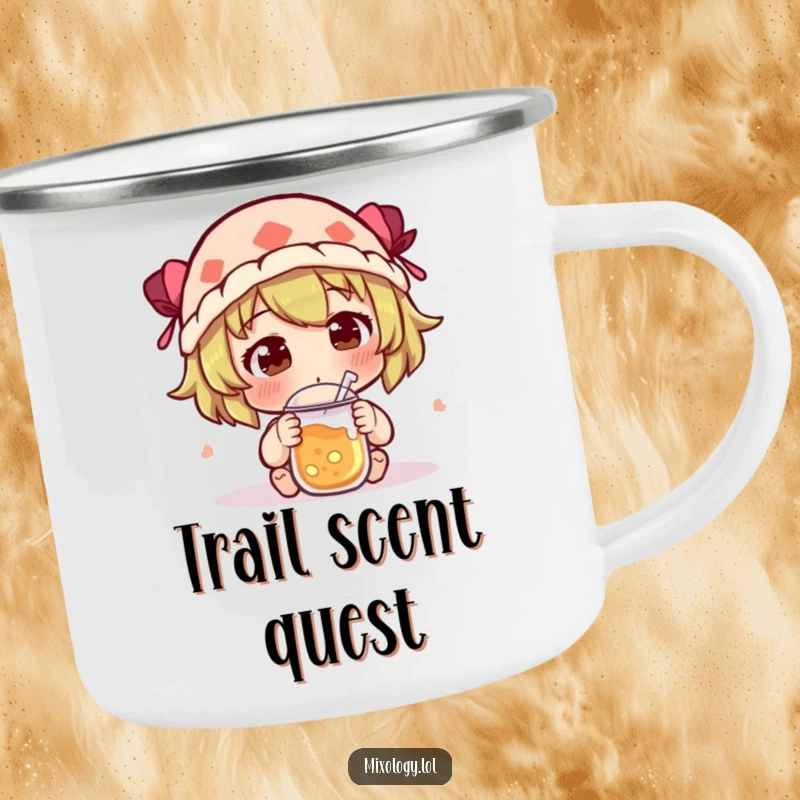 Funny Camping Mug showing a character curiously sniffing a new concoction with an intrigued expression, perfect for nature lovers.