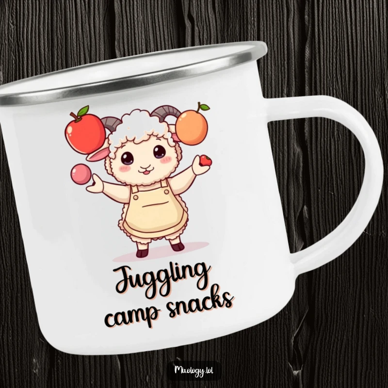 Funny camping mug featuring a fluffy sheep in a stylish apron comically juggling three fruits, perfect for outdoor fun.