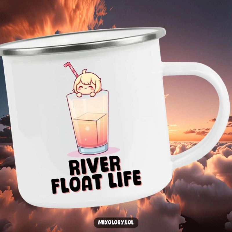 Funny Camping Mug: Cheerful character floats on a giant ice cube in a drink, for cool outdoor enjoyment.