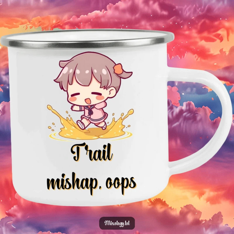 Funny Camping Mug: Character tripping outdoors, garnish flying, perfect for camping laughs, a durable and funny gift.