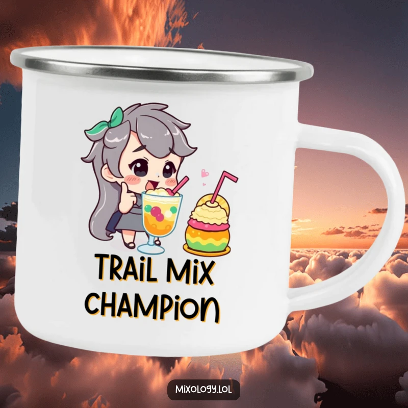 Funny camping mug showing a character giving a confident nod while admiring a colorful concoction, perfect for outdoor mixology enthusiasts.