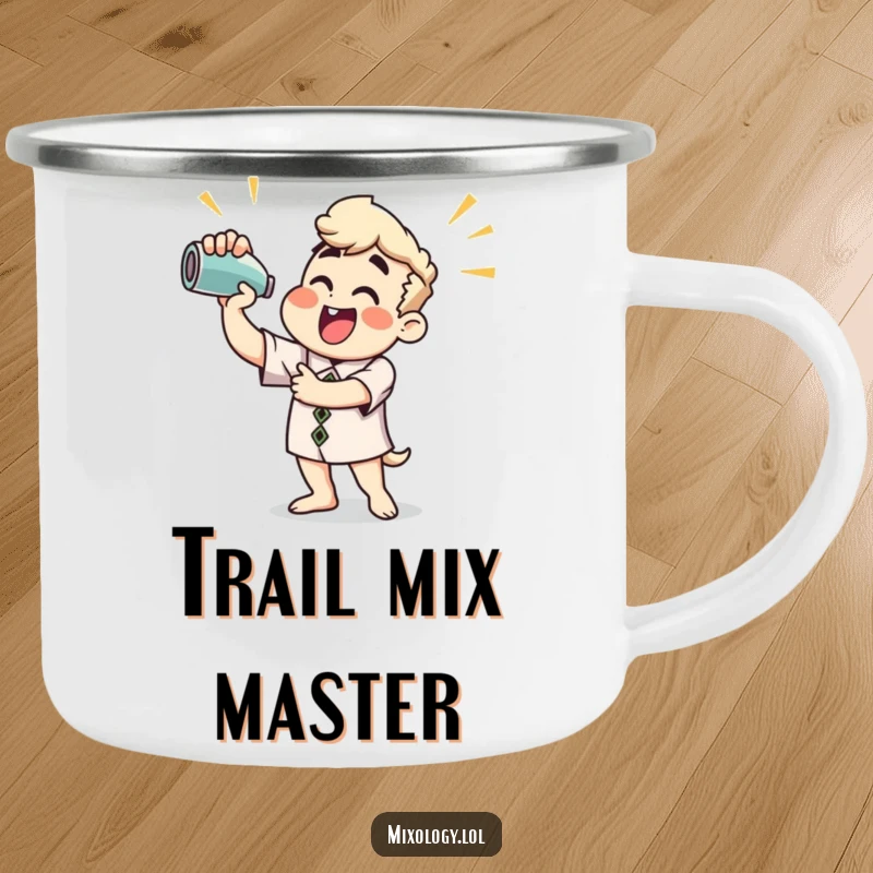 Funny Camping Mug: Person shaking a cocktail mixer, designed for outdoor enthusiasts who enjoy mixology.